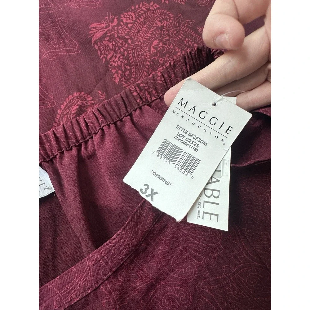 Maggie McNaughton 3X Paisley Midi Skirt Burgundy Aubergine Pull On Slit NWT 0144